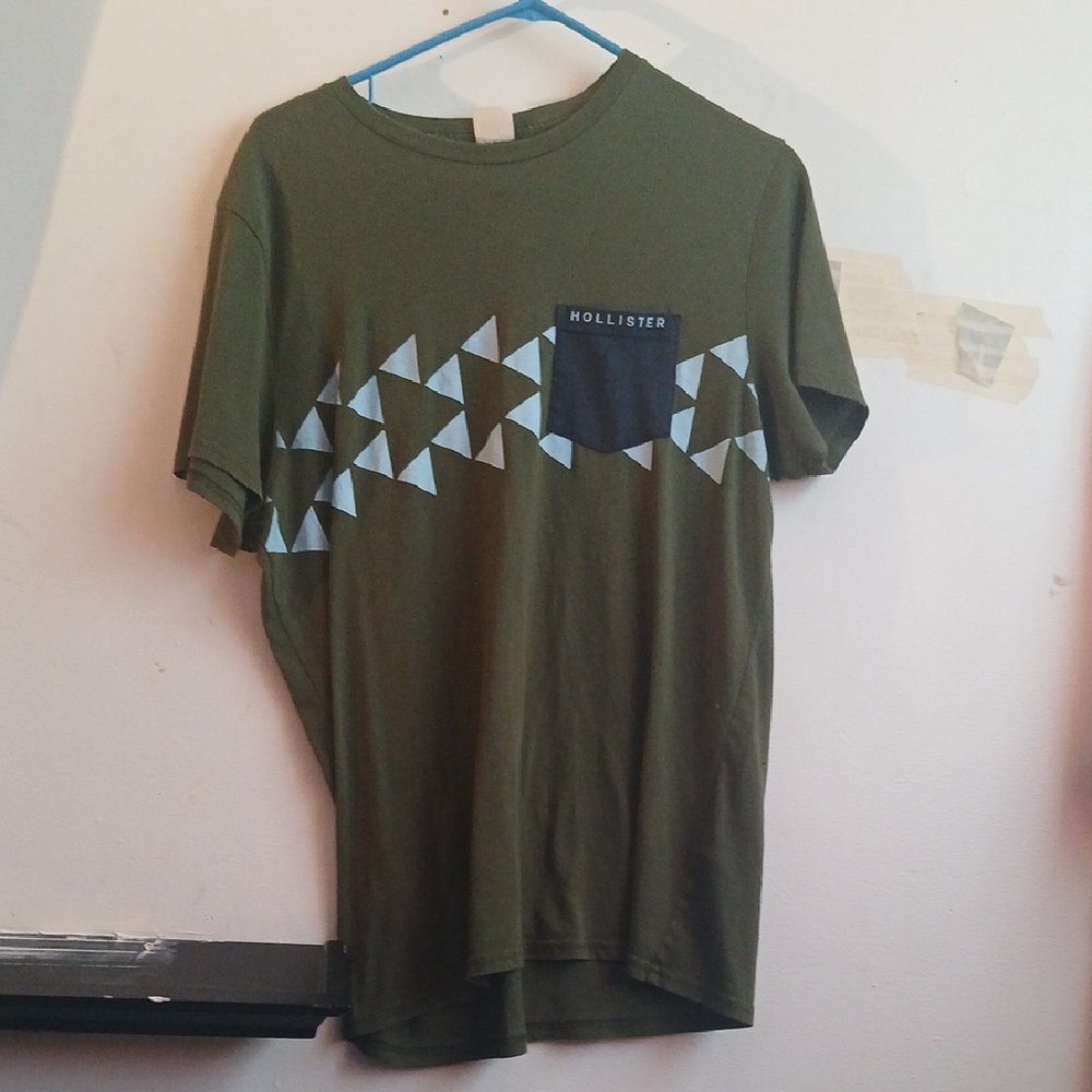 Hollister Men's Green T-Shirt with Blue Accents